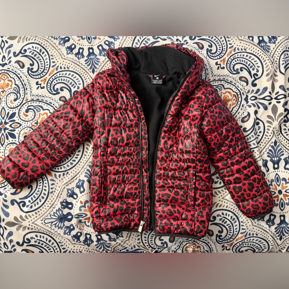 Nike Kids Red and Black Leopard Puffer Jacket